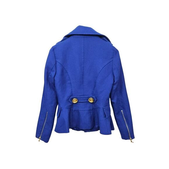 VTG Y2K XOXO Royal Blue Pea Coat Flare Waist Gold Buttons Gold Zippers Sz Small - Picture 2 of 10